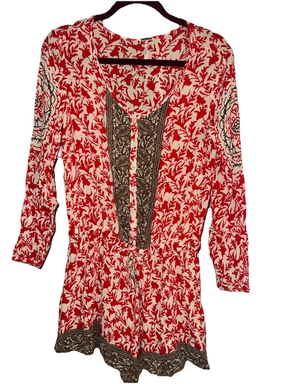 Free People Printed Long Sleeve Romper Boho Festival Red Cream Women’s XS